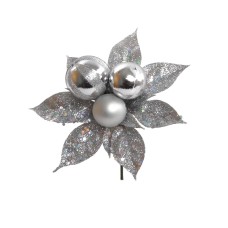 Silver Wreath Pick with 13 Silver Glittered Bay Leaves and 3 Silver Balls of Various Sizes. (Lot of 12 Picks) SALE ITEM